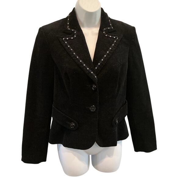 Vintage Bisou Bisou Womens Corduroy Blazer Small Black Lace Rhinestone Y2K Fairy - Picture 1 of 13